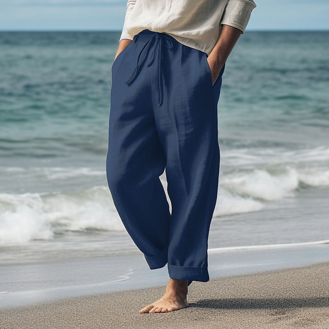  Bărbați Pantaloni de in Pantaloni Pantaloni de vară Pantaloni de plajă Cordon Talie elastică Picior drept Simplu Confort Respirabil Casual Zilnic Concediu Amestec de Lână / Bumbac Modă Stil Clasic