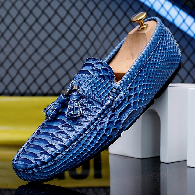 Men's Blue Faux Snakeskin Loafers with Tassels – Stylish Slip-On Dress Shoes for Formal and Casual Occasions 48