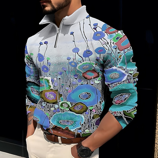  Men's Floral Graphic Prints Polo Shirt Zip Polo Golf Shirt Long Sleeve Shirt Stand Collar Outdoor Street Yellow Pink Blue Purple Green Zipper Print Clothing Apparel Fashion Streetwear Designer Soft