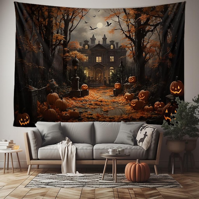  halloween koristeet kuvakudos jack o lyhty kurpitsa sisustus seinä taide iso roikkuu kuvakudos seinämaalaus valokuva tausta peitto verho koti makuuhuone olohuone lepakot kummitus talo hautausmaa
