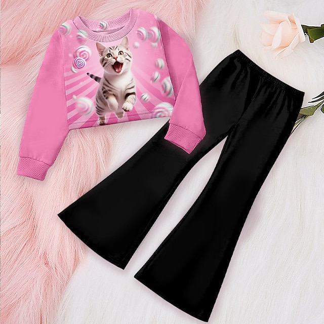  Dla dziewczynek 3D Graficzny Zwierzę Kot Bluza i spodnie Komplet odzieży Różowy Długi rękaw Druk 3D Jesień Zima Aktywny Moda Codzienny Poliester Dzieci 3-12 lat Na zewnątrz Randka Urlop Regularny