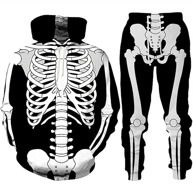  ハロウィーン 頭蓋骨･人骨 セット パーカー ジョガーパンツ プリント 3D フロントポケット グラフィック柄 用途 カップル用 男性用 女性用 成人 ハロウィーン カーニバル マスカレード 3Dプリント ハロウィーン バケーション