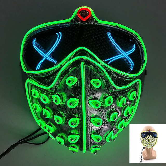  Nueva máscara verde led luminosa, máscara de terror con luz de neón, decoración de fiesta de halloween, máscaras brillantes, accesorios para disfraces de festival