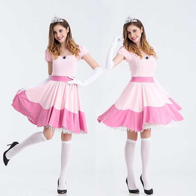  Prinzessin Peach Cosplay-Kostüm, 3-teilig, Super Bros.-Kleid, Tiara, Handschuhe, Erwachsenen-Damen-Outfits, sexy Kostüm, Halloween-Maskerade, einfache Halloween-Kostüme