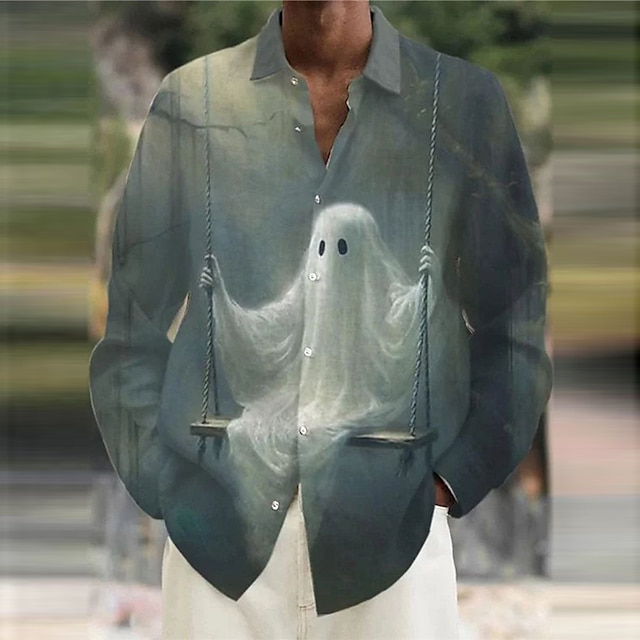  Men's Shirt Linen Shirt Ghost Graphic Prints Turndown Blue Green Outdoor Halloween Long Sleeve Print Clothing Apparel Linen Fashion Streetwear Designer Casual