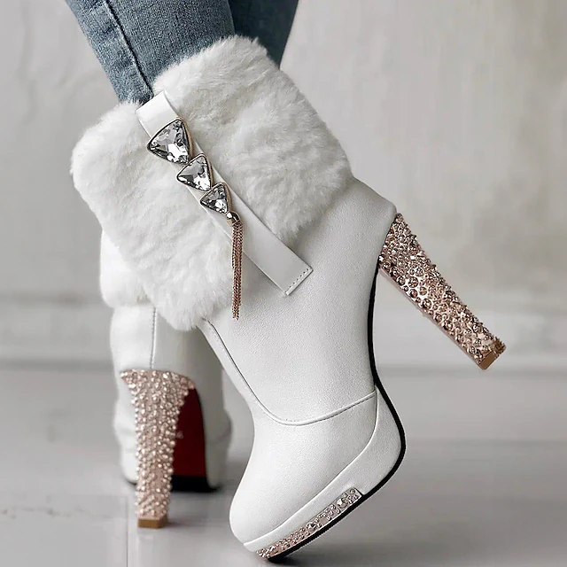Women's White Ankle Boots with Faux Fur and Rhinestone Embellished Heels - Elegant High Heel Winter Footwear for Parties and Special Events 8