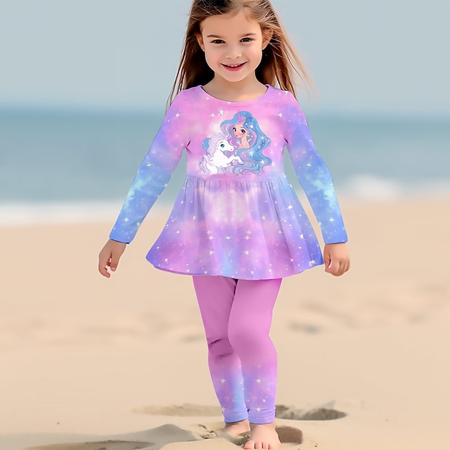  Girls' 3D Graphic Cartoon Unicorn T-shirt & Pants Dress Set Clothing Set Long Sleeve 3D Print Summer Fall Winter Active Fashion Daily Polyester Kids 3-12 Years Outdoor Date Vacation Regular Fit