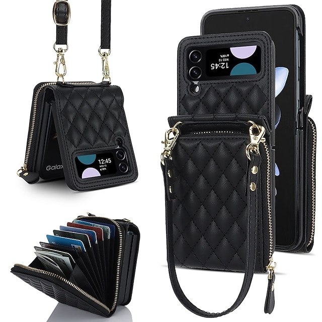  telefon Etui Til Samsung Galaxy Z Flip 7 Z Flip 6 Z Flip 5 Z Flip 4 Z Flip 3 Håndtaske pung Tegnebogskortetui Lynlås med aftagelig tværstrop med håndledsstrop Kontor / Business PC PU Læder