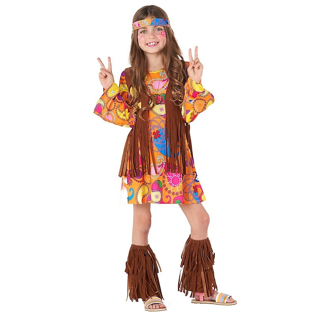  Rétro Vintage Hippie Années 70 Disque Robe Costume de Cosplay Bandeau Jambières Hippie Disque Fille Franges Halloween Utilisation Soirée Mascarade Enfant Robe