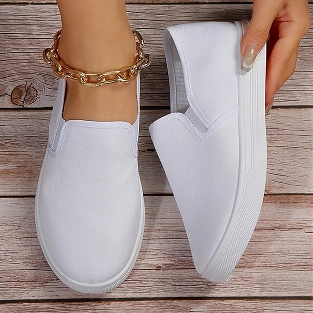  Women's Slip-Ons Canvas Shoes White Shoes Slip-on Sneakers Comfort Shoes Outdoor Daily Solid Color Summer Flat Heel Round Toe Casual Comfort Minimalism Canvas Loafer Black White Dark Blue