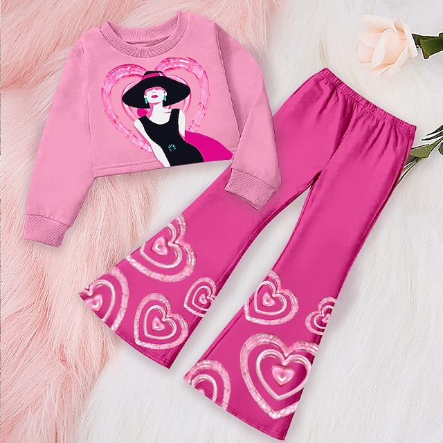  Dla dziewczynek 3D Graficzny Serce Bluza i spodnie Komplet odzieży Różowy Długi rękaw Druk 3D Jesień Zima Aktywny Moda Codzienny Poliester Dzieci 3-12 lat Na zewnątrz Randka Urlop Regularny