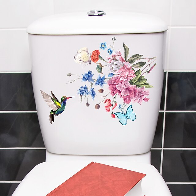 Birds Flowers Toilet Seat Lid Stickers, SelfAdhesive Bathroom Wall