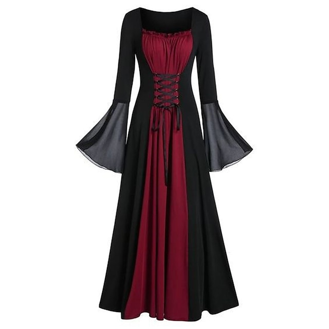  γυναικείο αποκριάτικο φόρεμα ρετρό γοτθικό vintage φόρεμα μακρύ φόρεμα μάξι αποκριάτικο καθημερινό συνονθύλευμα κορδόνι περίσφιξης έγχρωμο μπλοκ τετράγωνο λαιμό μακρύ μανίκι κανονική εφαρμογή άνοιξη