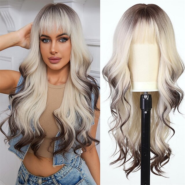 Ombre Dirty Blonde Wigs with BangsAsh Blonde Long Wavy Wig for ...