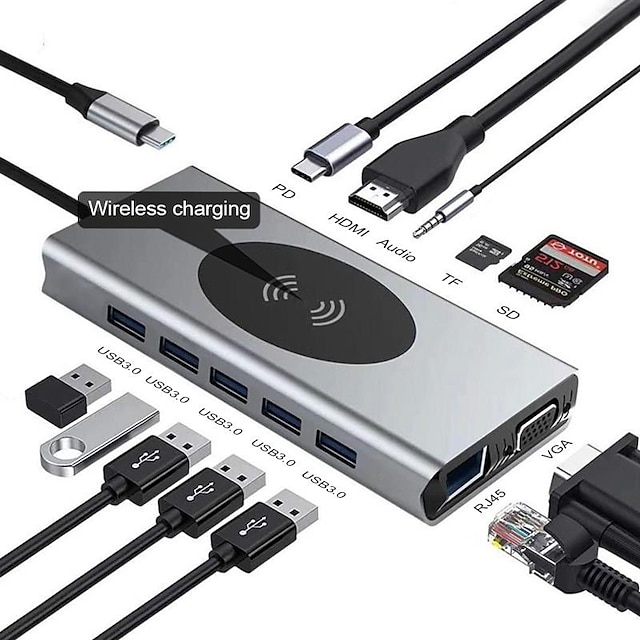 13 w 1 adapter usb c hub z ładowaniem bezprzewodowym usb c do hdmi 3.5mm jack audio sd tf hdmi vga rj45 usb3.0 stacja dokująca do macbookpro