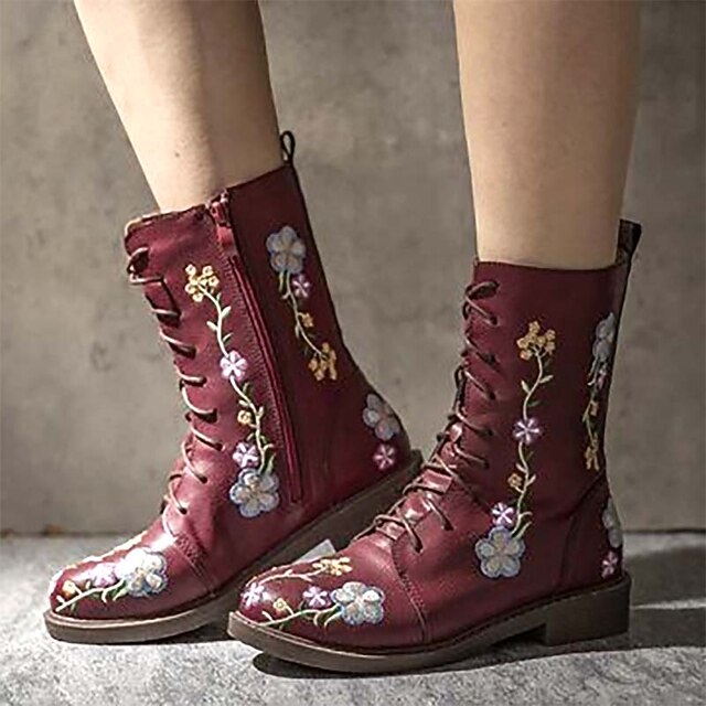 Retro Floral Leather Ankle Boots – Women’s Lace-Up Block Heel Boot
