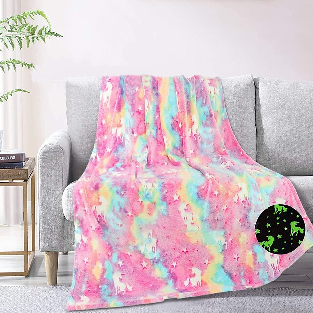  Luminous Unicorn Blanket Kids Birthday Soft Flannel Plush Rainbow Horse Throw, Unicorn Room