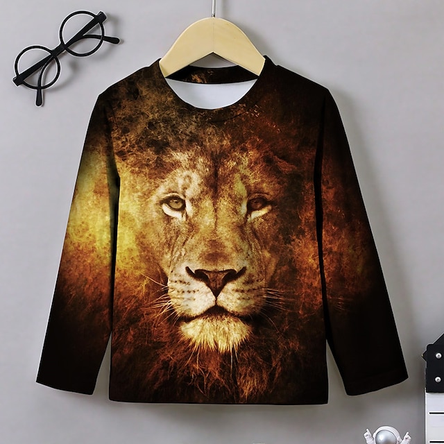  Boys 3D Graphic Animal Lion T shirt Tee Long Sleeve 3D Print Summer Spring Fall Sports Fashion Streetwear Polyester Kids 3-12 Years Outdoor Casual Daily Regular Fit