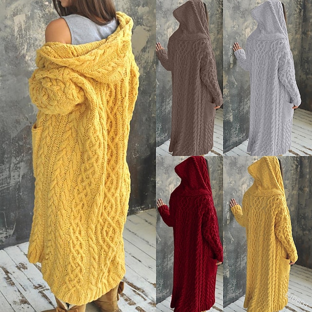  Damskie Sweter Rozpinany Elegancki Codzienny Miękkie Jednokolorowe Kable Kaptur Kieszeń Kaptur Długi rękaw Długie topy Robić na drutach Na zewnątrz Codzienny Wyjściowe Czarny Żółty Jesień Zima