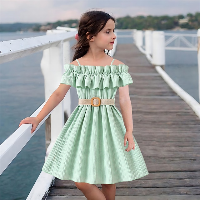  Kids Girls' Dress Solid Color Short Sleeve Wedding Outdoor Casual Ruffle Vacation Fashion Daily Polyester Knee-length Casual Dress Swing Dress A Line Dress Summer Spring 7-13 Years Black White Yellow