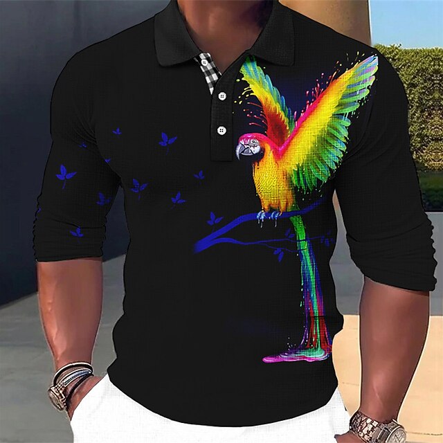 Men's Parrot Hawaiian Polo Shirts Golf Shirt Long Sleeve Polo Shirts Collared Shirts Casual Funny Beach Wear Vacation Wear Party Outfits 3D Print Buttons Fall & Winter Yellow Red Blue 6