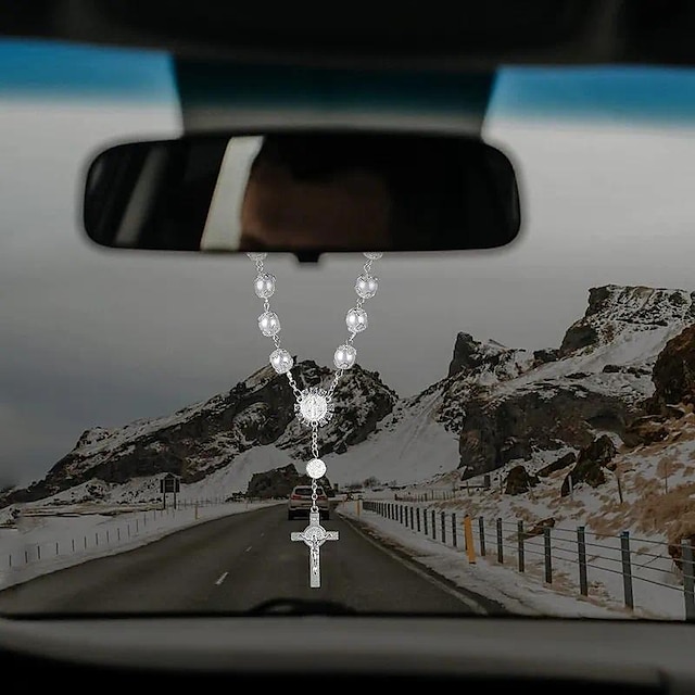  1 stuks auto achteruitkijkspiegel hanger decoratie - kruis auto rozenkrans auto ophangaccessoires - voeg een vleugje elegantie toe aan het interieur van uw auto!