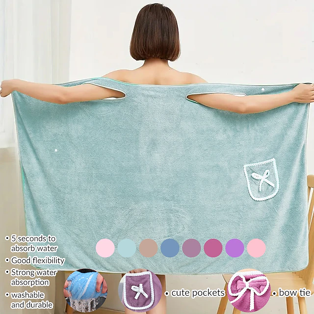 Off Shoulder Wearable Bath Towel Wrap Women Oversized Water Absorbent Beach Spa Gym Bathrobes Slip Dress Bathroom Towel Bathing Shower Cover Up Tube Dress Nightwear Sleepdress Sleeping Robe 26