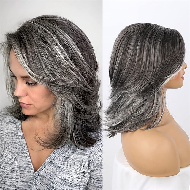  Dark Gray Ombre Layered Wigs with Curtain Bangs for Black Women,Synthetic Short Gray Highlight Wavy Layered Curly ,Black ang Grey Wavy Bob Wig for Daily Use