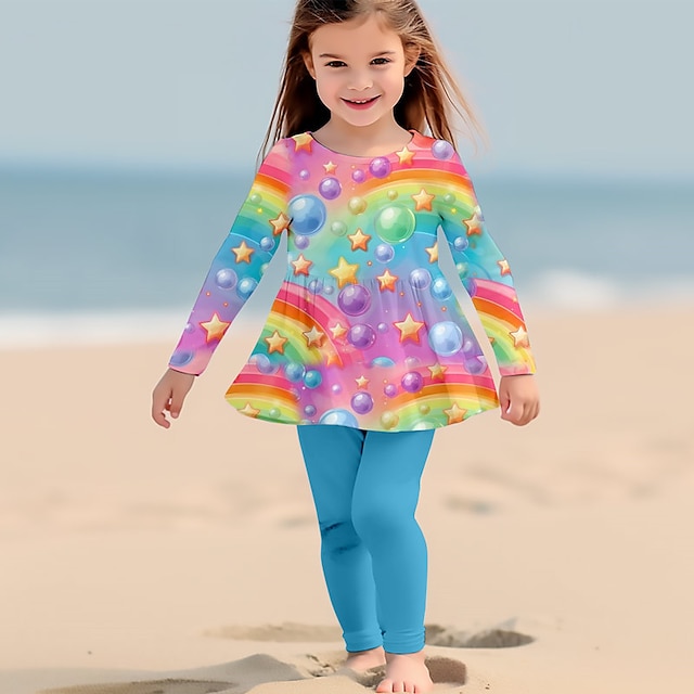  Girls' 3D Galaxy Rainbow T-shirt & Pants Dress Set Clothing Set Long Sleeve 3D Print Spring Fall Winter Active Fashion Daily Polyester Kids 3-12 Years Outdoor Date Vacation Regular Fit