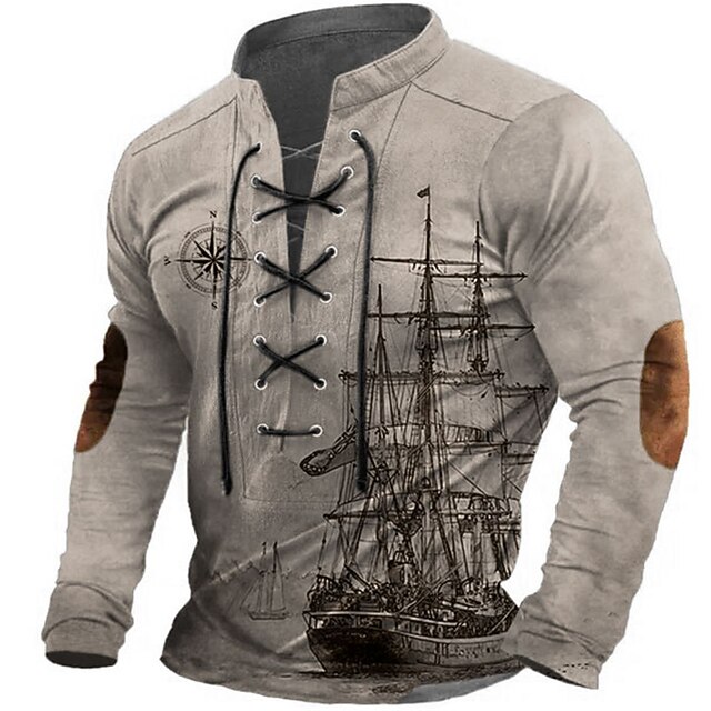 Men's Ship Graphic Prints Compass Graphic Tee Vintage Shirt Long Sleeve T shirt Shirt Fashion Designer Casual Outdoor Vacation Daily Wear Blue Green Khaki Spring &  Fall Clothing Apparel S M L XL 2XL4