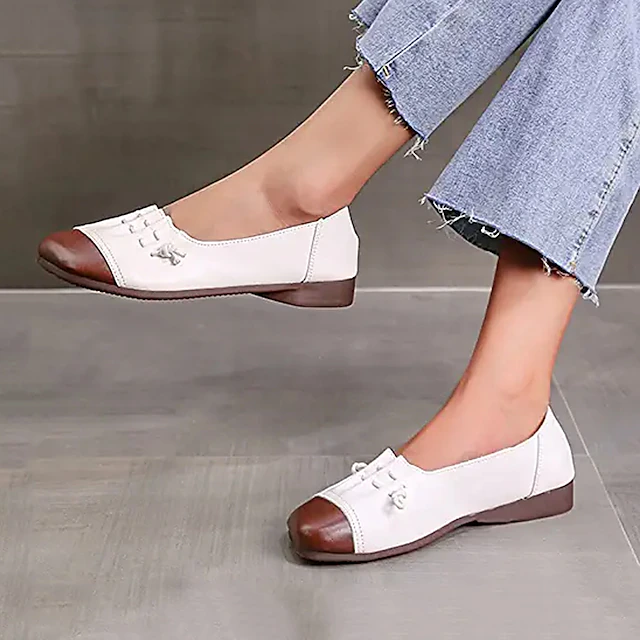 Women's Flats Plus Size Comfort Shoes Outdoor Office Work Color Block Summer Spring Lace-up Flat Heel Square Toe Casual Minimalism Walking Faux Leather Loafer Light Brown Black White 14