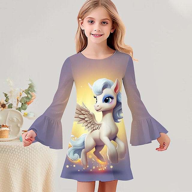  Girls' 3D Graphic Cartoon Unicorn Dress Long Sleeve 3D Print Summer Fall Sports & Outdoor Daily Holiday Cute Casual Beautiful Kids 3-12 Years Casual Dress A Line Dress Above Knee Polyester Regular Fit