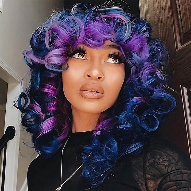  korta lockiga peruker för svarta kvinnor mjuk blandad blå till lila stor lockig peruk med lugg söt lös lockig cosplay fest daglig syntetisk peruk för afroamerikanska kvinnor