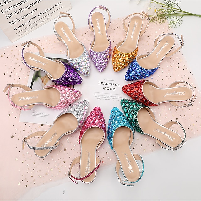 sapatos de casamento sandálias para noiva mulheres sapatos de noiva fivela brilhante couro falso fantasia salto estilingue bico fino clássico plus size prata rosa roxo escuro