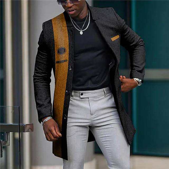 Men's Graphic Prints Guitar Winter Coat Overcoat Coat Warm Comfortable Breathable Fashion Streetwear Business Work Wear to work Going out Pocket Print Fall & Winter Turndown Long Sleeve Yellow Blue 5