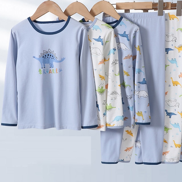  Infantil Para Meninos 2 Peças T-shirt & Calças Conjuntos de pijama Manga Longa Branco Azul Azul Céu Dinossauro Crewneck Primavera Outono Moda Casa 7-13 anos