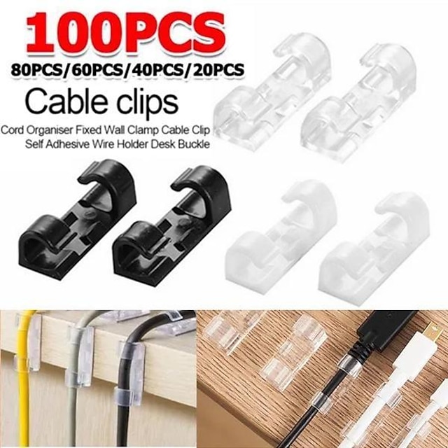  100/80/60/20pcs Cable Organizer Clip Adhesive Charger Clasp Desk Wire Manager Cord Earphone Line Tie Fixer Management USB Winder Clips Holder