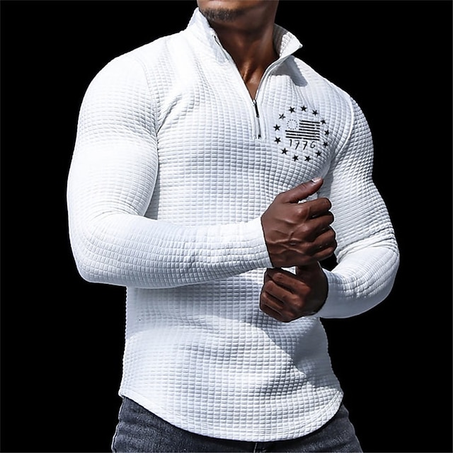  Herr Veteraner Patriotisk Våffelpikétröjor Golf pikétröjor Långärmad Polotröjor Nedvikt Blixtlås Affär Utomhus Ledigt / vardag Streetwear 3D Mönster Höst vinter Svart Vit Kaki