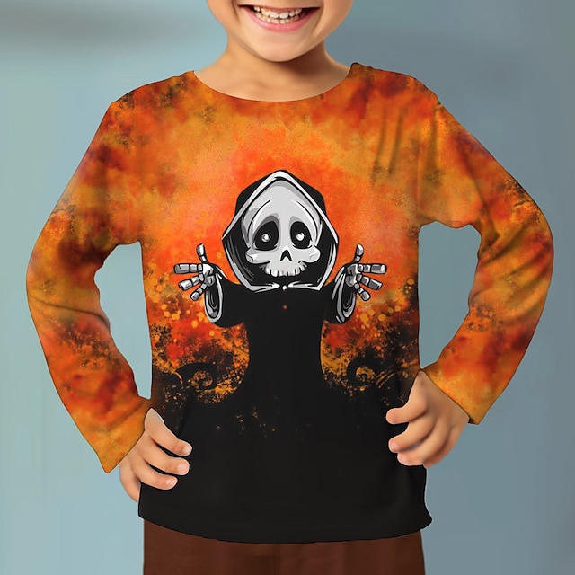  Halloween Boys 3D Skull T shirt Tee Long Sleeve 3D Print Fall Winter Sports Fashion Streetwear Polyester Kids 3-12 Years Halloween Casual Regular Fit