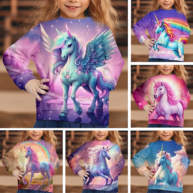  Girls' 3D Graphic Cartoon Unicorn T shirt Tee Long Sleeve 3D Print Summer Fall Active Fashion Cute Polyester Kids 3-12 Years Outdoor Casual Daily Regular Fit