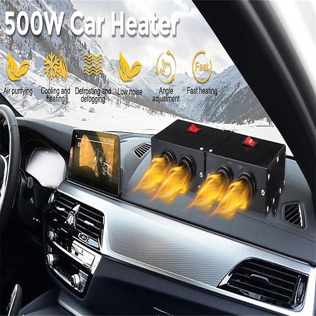  Riscaldatore per auto portatile 2 in 1 sbrinatore per parabrezza riscaldatore per auto e ventola di raffreddamento con purificazione per l'inverno 2 fori 12v 500w