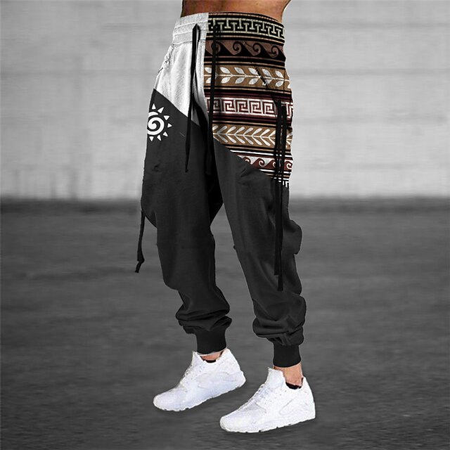Men's Sweatpants Joggers Trousers Drawstring Elastic Waist 3D Print Sun Graphic Prints Geometry Comfort Sports Outdoor Casual Daily Cotton Blend Ethnic Style Retro Vintage Black Khaki Micro-elastic3