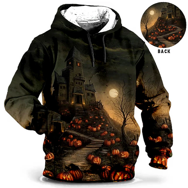 Men's Pumpkin Graphic Prints Hoodie Hoodies Sweatshirt Daily Classic Long Sleeve Hooded Halloween Holiday Going out Blue Brown Print Spring & Fall Designer 5