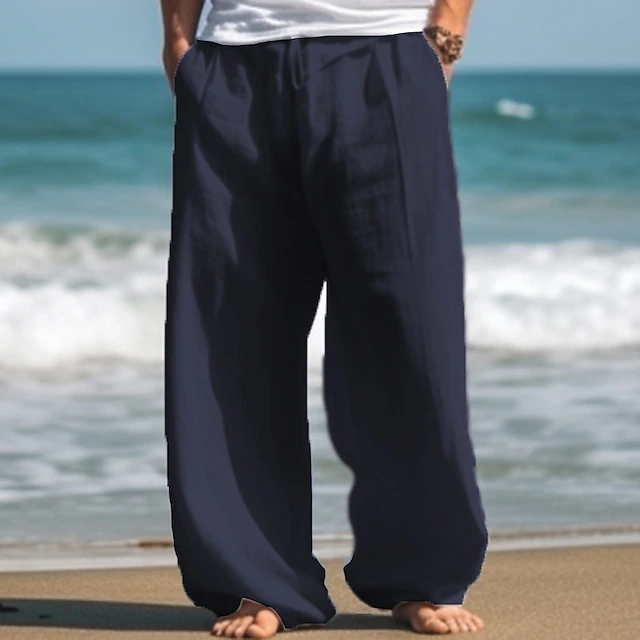Men's Linen Pants Trousers Summer Pants Drawstring Pocket Elastic Waist Plain Comfort Soft Outdoor Daily Going out Fashion Casual Black White 6