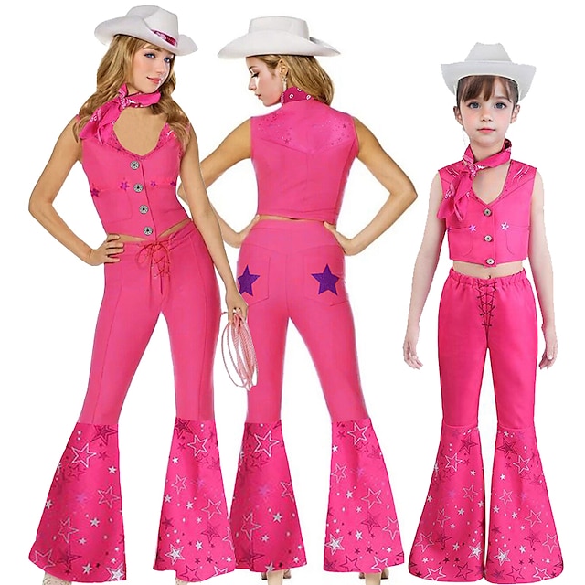  κούκλα Στολές Ηρώων Χορός μεταμφιεσμένων Γυναικεία Κοριτσίστικα Στολές Ηρώων Ταινιών Ρετρό / Βίντατζ Έντονο Ροζ Σετ κοστουμιών Cowgirl Μασκάρεμα Γιλέκο Παντελόνια Κασκόλ