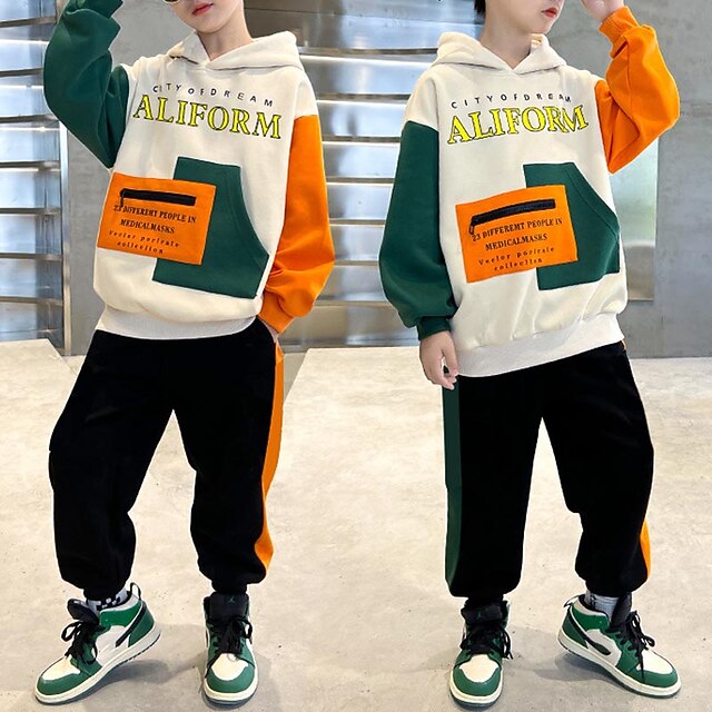 2 Pieces Kids Boys' Tracksuits Outfit Color Block Letter Long Sleeve Pocket Cotton Set Sports Daily Fall Winter 7-13 Years Black Army Green Beige2
