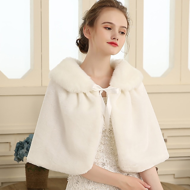  kvinders hvid imiteret pels skuldertræk brude wraps cape elegant afslappet daglig ærmeløs imiteret pels bryllup wraps med snørebånd til bryllup forår