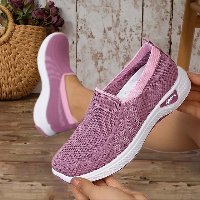  Dame Treningssko Slip-Ons Flyknit sko Komfort Sko utendørs Daglig Fargeblokk Sommer Flat hæl Rund Tå Fritid Komfort minimalisme Løp Flying Weaving Tøfler Vinrød Svart Rosa