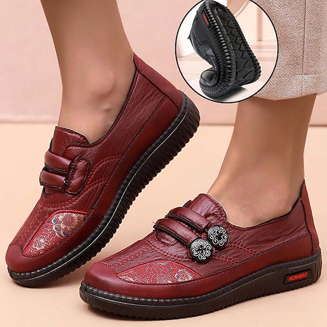  Women's Slip-Ons Comfort Shoes Daily Walking Solid Color Floral Summer Flower Flat Heel Round Toe Vintage Fashion Casual Faux Leather Loafer Black Red