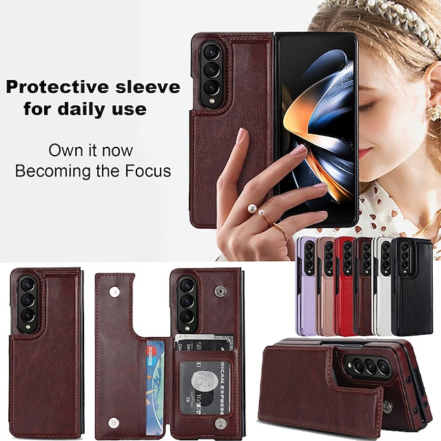  telefono Custodia Per Samsung Galaxy Z Fold 5 Z Fold 4 Z Fold 3 Custodia in pelle Slot per porta carte Supporto a molla Tinta unica PC pelle sintetica